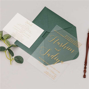 gold clear acrylic wedding invitation green envelope