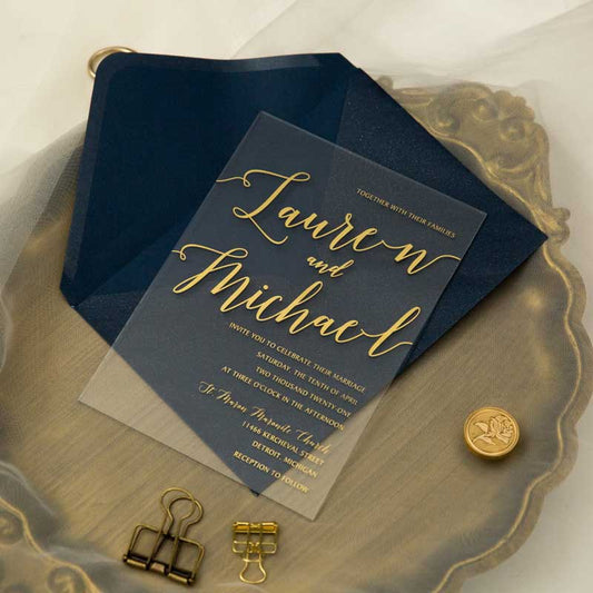 gold clear acrylic wedding invitation navy envelope side