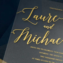 gold clear acrylic wedding invitation navy envelope close up