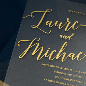 gold clear acrylic wedding invitation navy envelope close up
