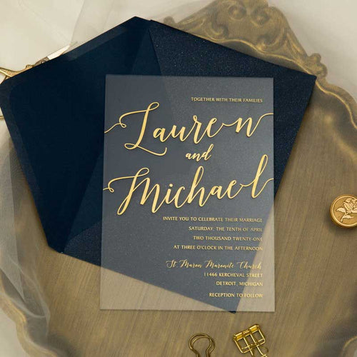 gold clear acrylic wedding invitation navy envelope