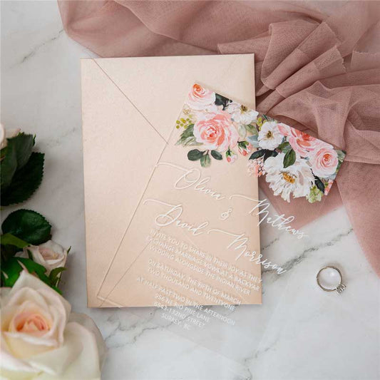 clear acrylic wedding invitation white pink rose bouquet