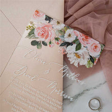 clear acrylic wedding invitation white pink rose bouquet cu