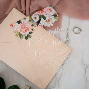 clear acrylic wedding invitation white pink rose bouquet cream envelope