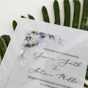 frosted acrylic wedding invitation watercolour leaves closeup