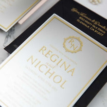 black and gold acrylic mirror wedding invitation