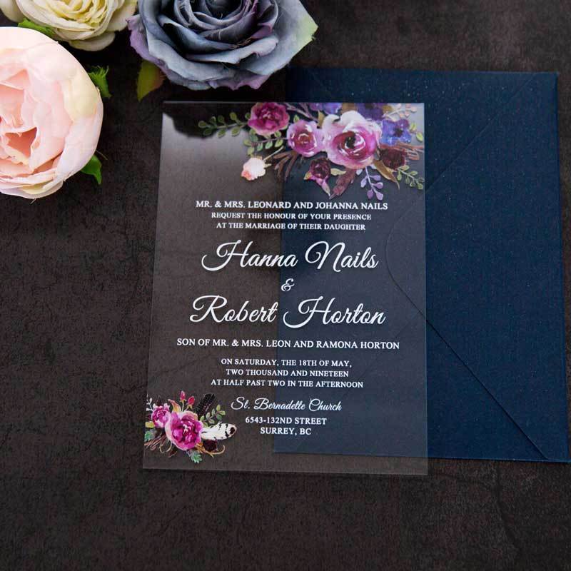 clear acrylic wedding invitation pink flowers boho navy envelope