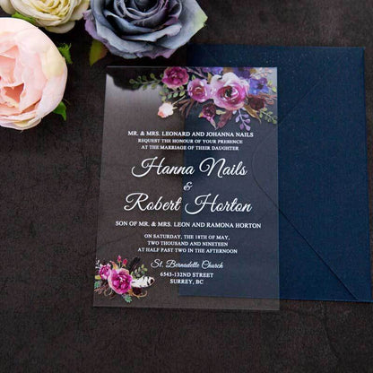 clear acrylic wedding invitation pink flowers boho navy envelope
