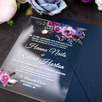clear acrylic wedding invitation boho pink flowers navy envelope