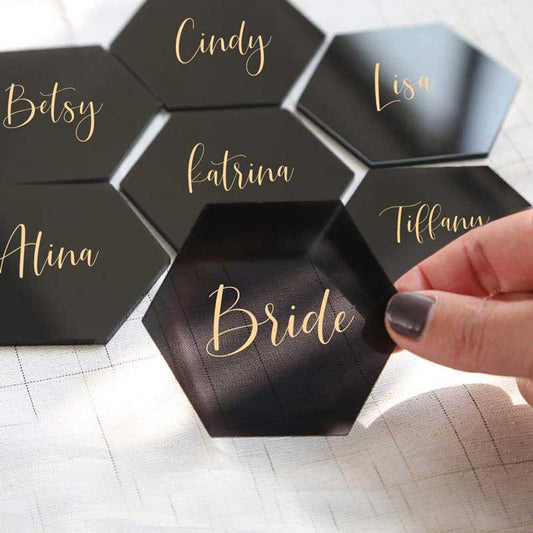 black acrylic hexagon place card