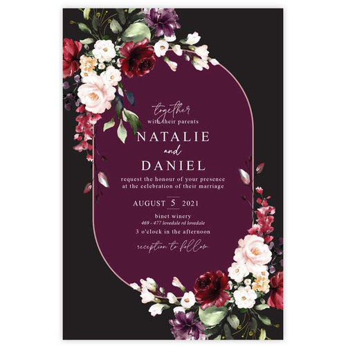 black and mulberry floral wedding invitation