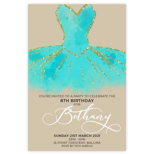 ballerina gold glitter turqouise tutu birthday invitation
