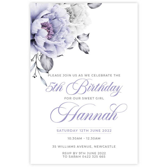 floral rose designed birthday invitation featuring white and lavendar lilac rose with elegant flowing script font