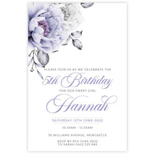 floral rose designed birthday invitation featuring white and lavendar lilac rose with elegant flowing script font
