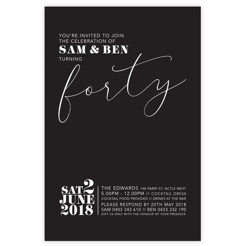 black and white 40th birthday invitation