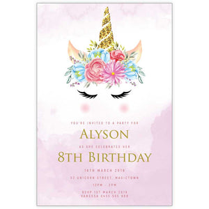 glitter unicorn birthday invitation with floral headpiece