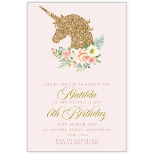 Gold Glitter Unicorn with flowers birthday invitation