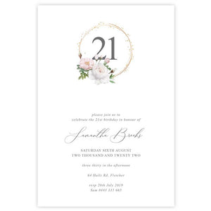 21st birthday invitation featuring luxurious pik and white rose and peonie flowers
