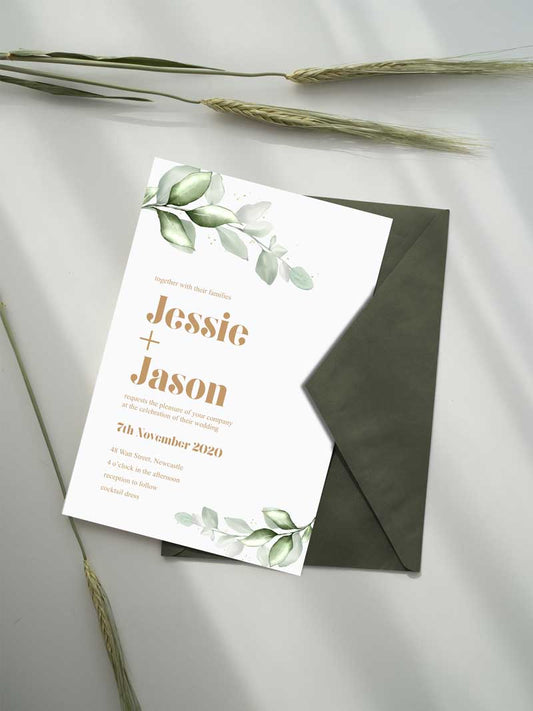 botanical green leaf wedding invitation