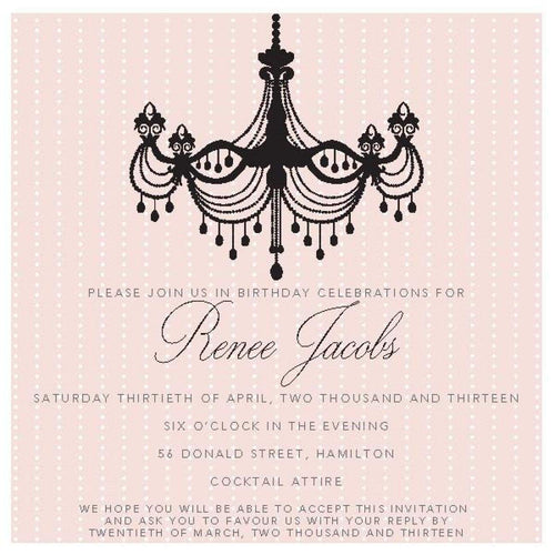 Black Chandelier blush pink  birthday invitation