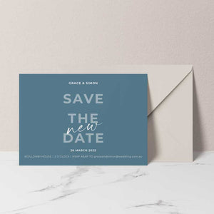 change of date card save the new date dusky blue almond envelope