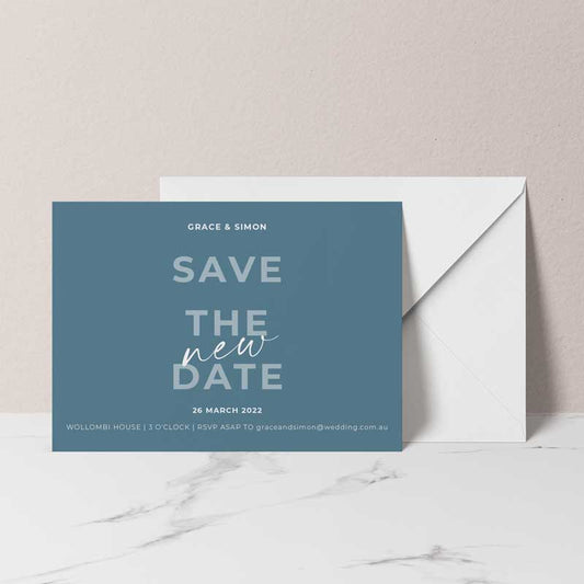 change of date card save the new date dusky blue white envelope