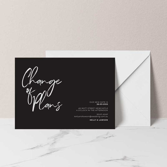 change of date card change of plans black and white
