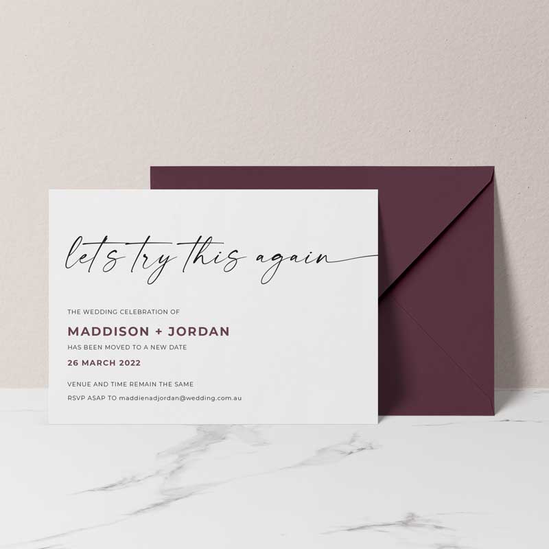 change of date card lets try this again burgundy envelope