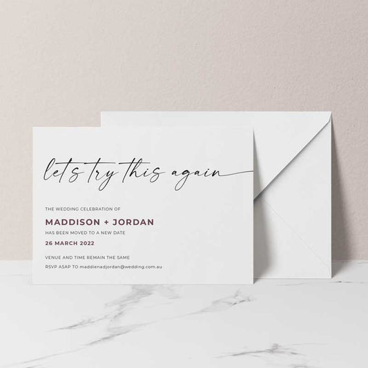 change of date card lets try this again white envelope