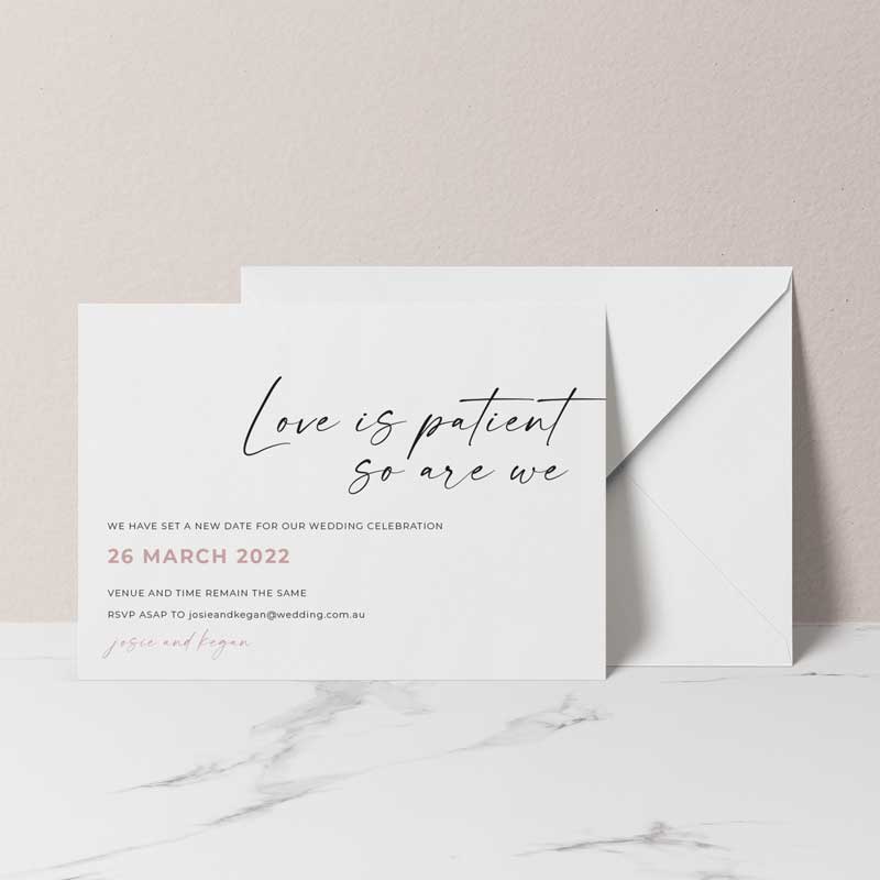 change of date card love is patient white envelope