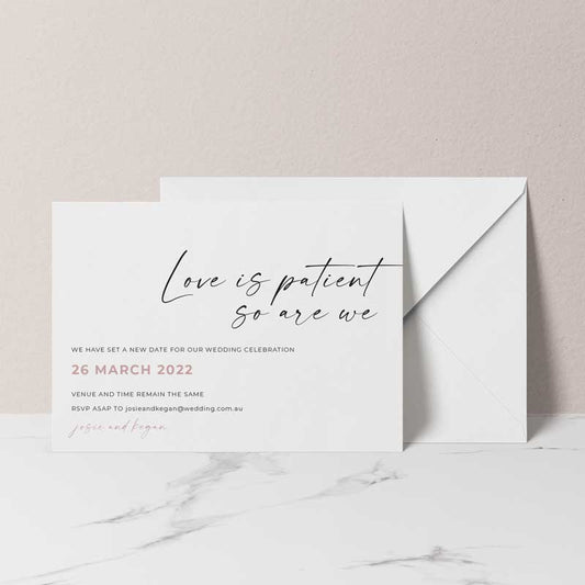 change of date card love is patient white envelope