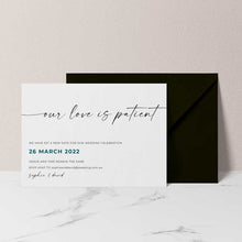 change of date card love is patient black envelope