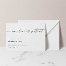 change of date card love is patient white envelope