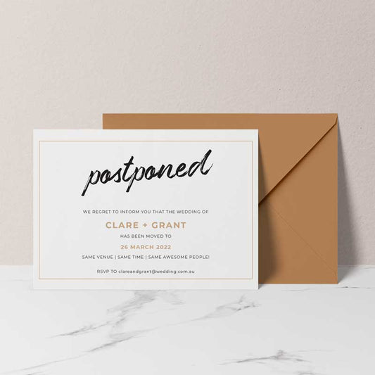 change of date card postponed terracotta envelope