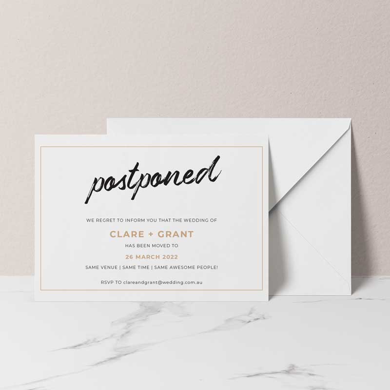 change of date card postponed white envelope
