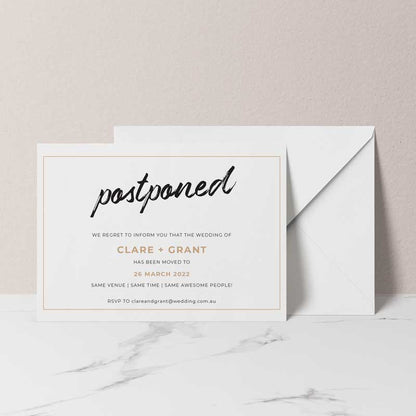 change of date card postponed white envelope