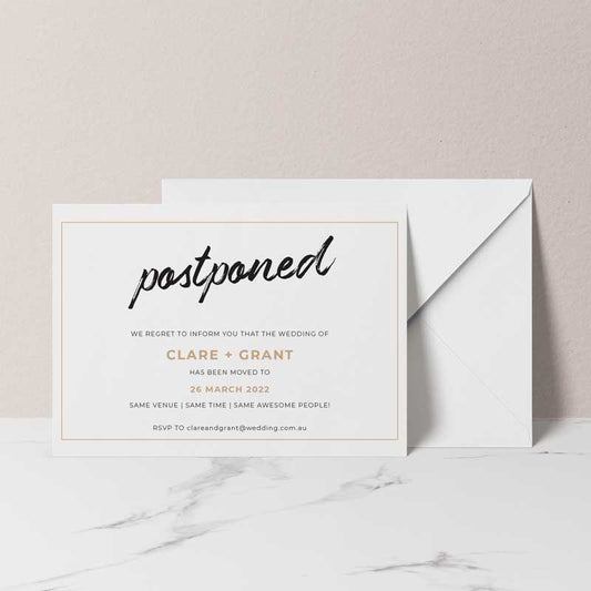 change of date card postponed white envelope