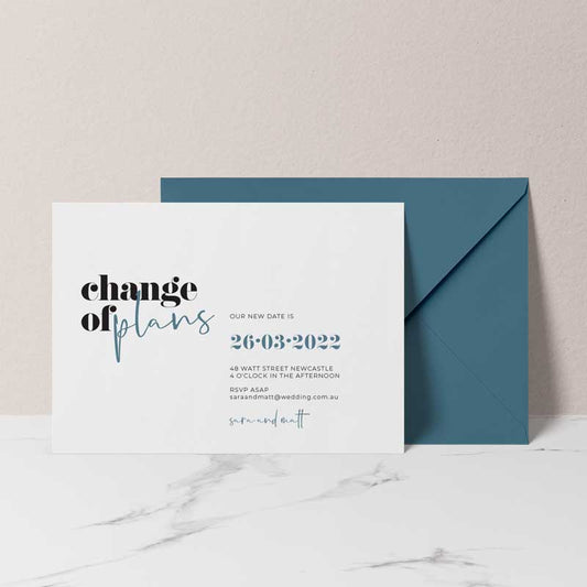 change of date card blue envelope
