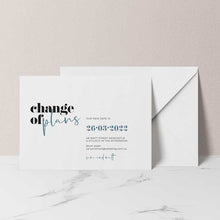 change of date card blue white envelope