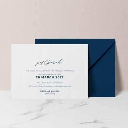 change the date card postponed navy envelope