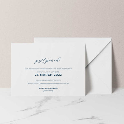 change the date card postponed navy white envelope