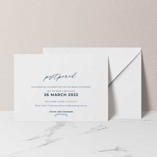 change the date card postponed navy white envelope