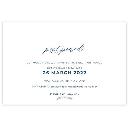 change the date card postponed navy and white