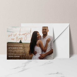 change the date card photo terracotta white envelope
