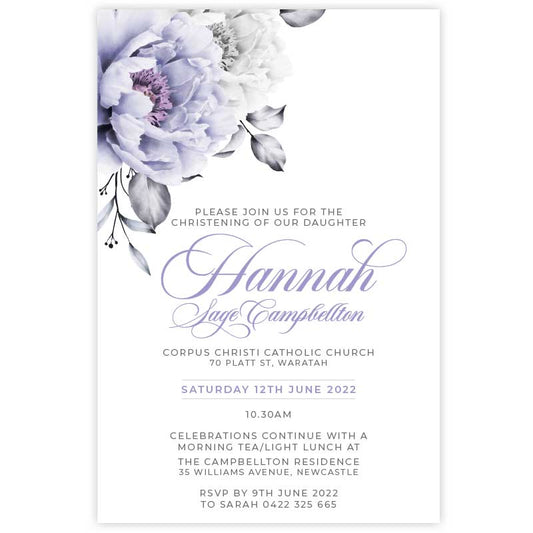 floral rose designed christening invitation featuring white and lavendar lilac rose with elegant flowing script font