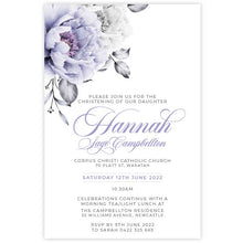 floral rose designed christening invitation featuring white and lavendar lilac rose with elegant flowing script font