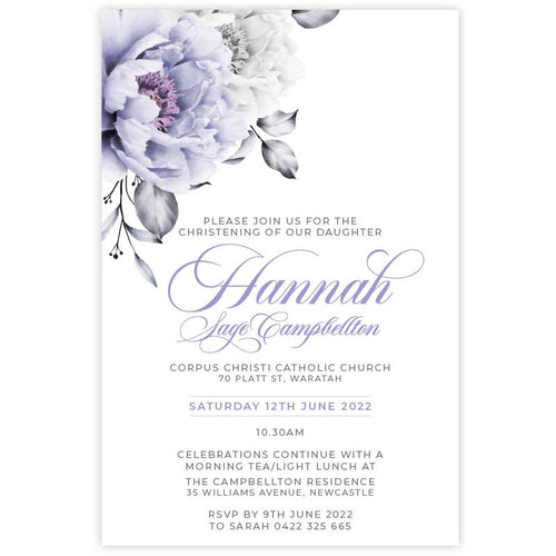 floral lilac bloom christening invitation