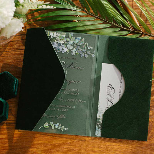 curved velvet pocket invitation emerald green