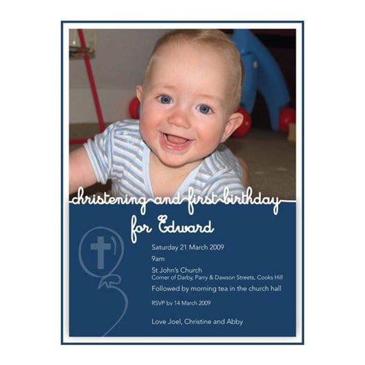blue 1st birthday christening invitation