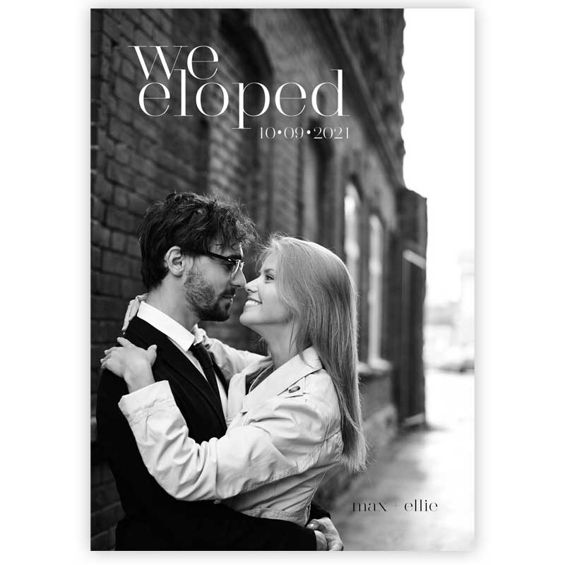 black and white personalised elopement card